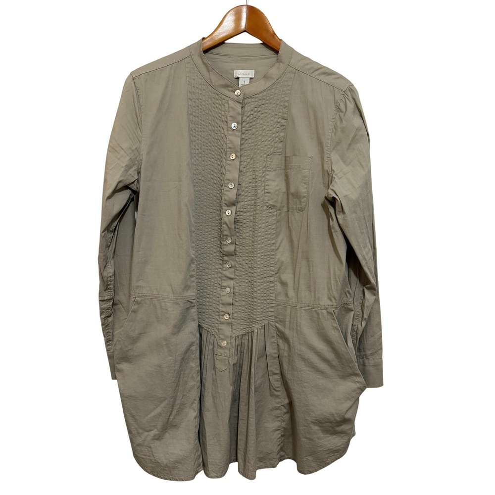 Chicos Women Tunic 1 Olive Khaki Pleated Bib Long Sleeve Pocket Safari Lagenlook